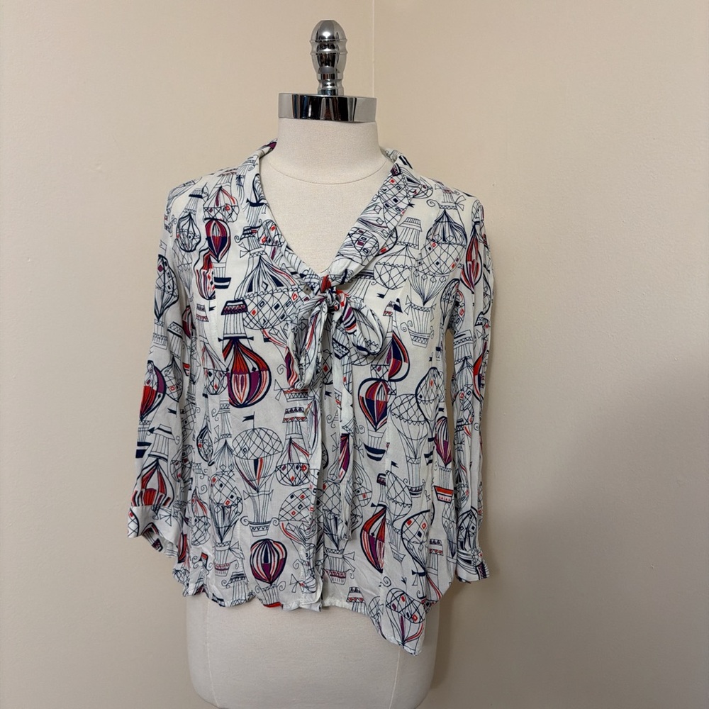Anthropologie Hot Air Balloon Print Tie Neck Blouse 2/XS